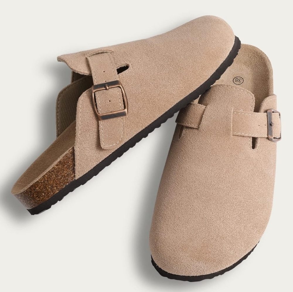 Women's Suede Clogs Leather Mules Cork Footbed Sandals Potato Shoes with Arch Su